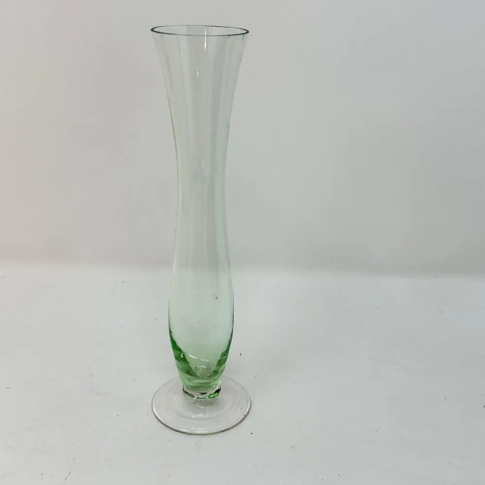 Vintage Green Glass Bud Vase Pink Base 6.5” Tall Mid-Century Minimalist Deco REA